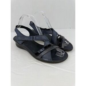 ECCO Felicia Navy Blue Leather Multi Strap Wedge Slingback Sandals Womens 39